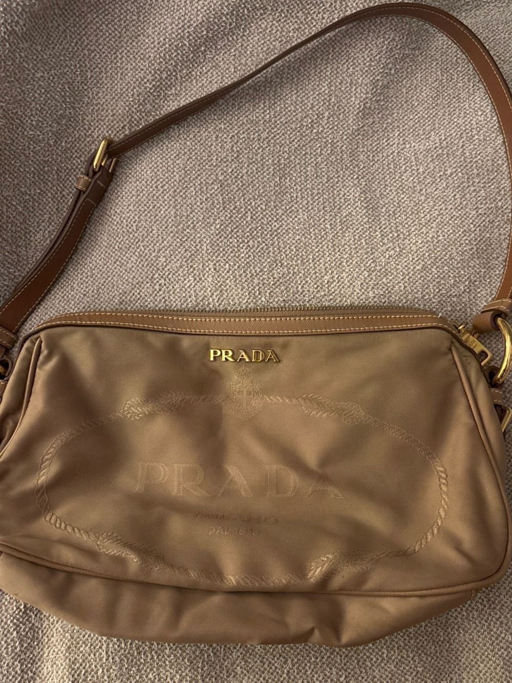 Prada Tan Nylon Shoulder Bag with Leather Strap and Gold Hardware